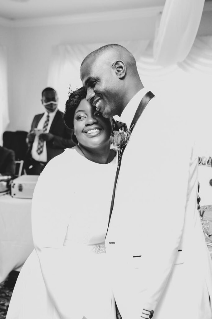 Bride and groom sharing a quiet embrace