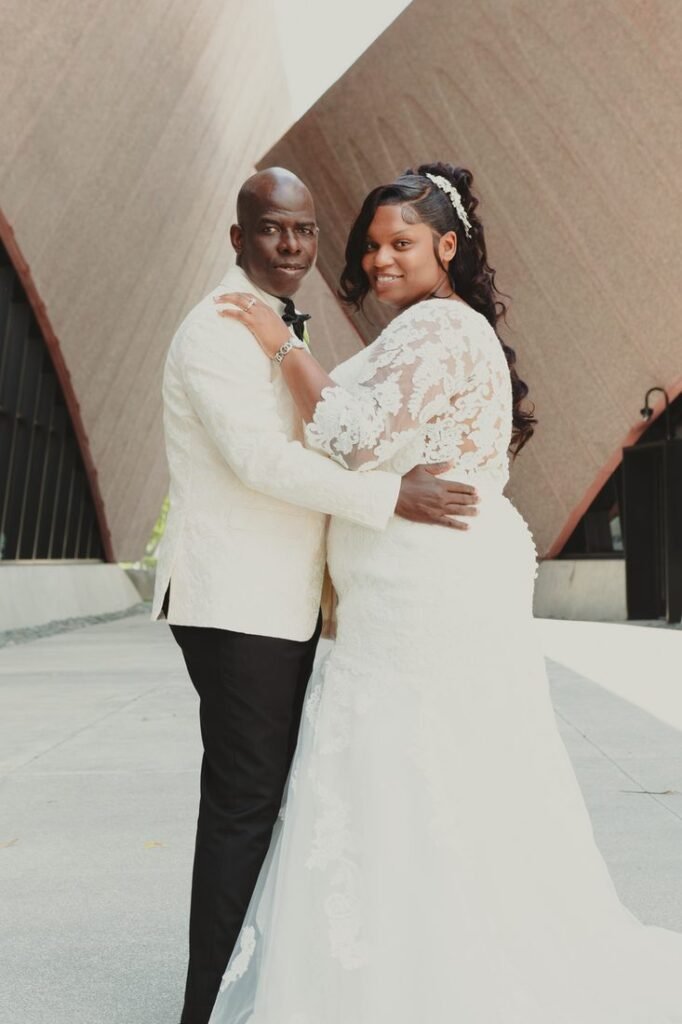 Bride and groom portrait at a modern venue