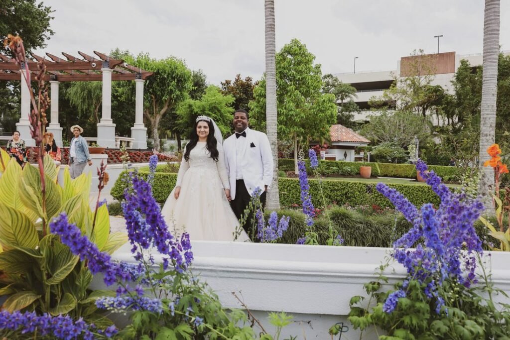 Bride and groom portrait in a garden